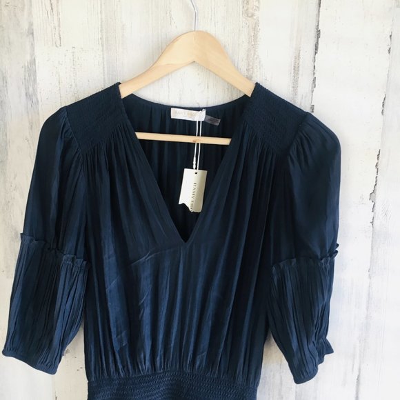 NWT Ramy Brook Smocked Mini Party Dress Blouson Navy Blue Elbow Sleeve XS - Picture 2 of 13